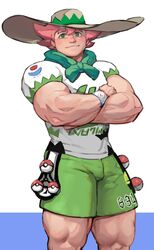  1boy abs absurdres bara body_hair bulge chest gym_leader hat highres jang_ju_hyeon looking_at_viewer male_focus manly muscle pectorals pink_hair pokemon pokemon_(game) pokemon_swsh shirtless simple_background thick_thighs thighs yarrow_(pokemon) 