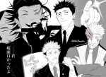  5boys absurdres ace_attorney artist_name black_hair closed_mouth cosplay crossed_arms don_(donchan_sawagi) getou_suguru getou_suguru_(kenjaku) gleam godot_(ace_attorney) godot_(ace_attorney)_(cosplay) greyscale half_updo happy highres higuruma_hiromi itadori_yuuji jujutsu_kaisen kenjaku male_focus monochrome multiple_boys outstretched_arms parody pinstripe_pattern pinstripe_vest pointing projected_inset scar scar_on_face scar_on_forehead scar_on_mouth smile spot_color spread_arms striped suit takaba_fumihiko titanic_(movie) vest 