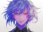  androgynous blue_eyes blue_hair hair_between_eyes heterochromia looking_at_viewer ohayosayonara orange_eyes original pink_skin pointy_ears portrait short_hair simple_background smile solo teeth white_background 