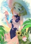  1girl alternate_costume aqua_eyes bangs bare_legs beach blonde_hair blue_sky blue_swimsuit blurry blush breasts closed_mouth clouds cloudy_sky commentary day depth_of_field drink drinking_straw earrings eyelashes floral_print flower food glint hair_ornament hairclip hat highres holding holding_drink ice_cream jewelry korok leaf lips looking_at_viewer medium_breasts one-piece_swimsuit outdoors parted_bangs pointy_ears princess_zelda shaved_ice short_hair shuri_(84k) sitting sky sleeveless smile solo_focus sparkle straw_hat sundae sunflower swimsuit symbol_commentary the_legend_of_zelda the_legend_of_zelda:_breath_of_the_wild the_legend_of_zelda:_breath_of_the_wild_2 thick_eyebrows thighs triforce turtleneck twitter_username two-tone_swimsuit white_swimsuit 
