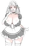  1girl :d absurdres apron blush breasts calmia_(usagi_nagomu) choker contrapposto cowboy_shot elf gloves half-closed_eyes hand_up highres huge_breasts looking_at_viewer maid maid_apron medium_hair monochrome open_mouth original pink_theme pointy_ears puffy_short_sleeves puffy_sleeves short_sleeves simple_background sketch skindentation smile solo standing thigh-highs tongue tongue_out usagi_nagomu white_background 