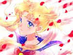  1girl bishoujo_senshi_sailor_moon blonde_hair blue_eyes blue_sailor_collar bow bowtie collarbone earrings floating_hair hair_intakes hoshikuzu_(milkyway792) jewelry long_hair parted_lips petals red_bow red_neckwear sailor_collar sailor_moon sailor_senshi_uniform shiny shiny_hair solo very_long_hair white_background 