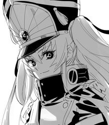  1girl altair_(re:creators) bangs closed_mouth greyscale hair_between_eyes hat highres jacket kawakami_rokkaku long_hair looking_at_viewer monochrome peaked_cap re:creators shako_cap simple_background smile solo two_side_up white_background 