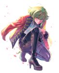  1boy bhh4321 black_gloves cravat eyebrows_visible_through_hair full_body gloves green_hair half_gloves highres jacket jacket_on_shoulders lio_fotia looking_at_viewer male_focus promare sidelocks simple_background solo squatting violet_eyes white_background 