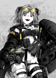  1girl bangs breasts bullpup coat commission double_bun ebiblue eyebrows_visible_through_hair eyewear_on_head fingerless_gloves gas_mask gesugao girls_frontline gloves gun highres long_sleeves looking_at_viewer open_mouth p90 p90_(girls_frontline) partially_colored pouch red_eyes short_hair smile solo strap submachine_gun sunglasses tactical_clothes thigh_strap weapon 