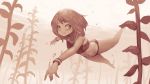  1girl air_bubble bangs bare_legs bare_shoulders barefoot bikini boku_no_hero_academia bracelet breasts brown_eyes brown_hair bubble collarbone commentary diving full_body highres jewelry looking_at_viewer navel rou_(rou22) sepia short_hair small_breasts solo swimsuit tagme underwater uraraka_ochako water 