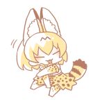  1girl ^_^ animal_ear_fluff animal_ears animal_print arm_support between_legs bow bowtie chibi closed_eyes closed_mouth elbow_gloves extra_ears facing_viewer full_body gloves hand_between_legs inukoro_(spa) kemono_friends licking licking_self lowres motion_lines no_nose orange_hair print_bow print_gloves print_legwear print_neckwear print_skirt serval_(kemono_friends) serval_ears serval_print serval_tail short_hair simple_background sitting skirt smile solo striped_tail tail tongue tongue_out white_background |3 