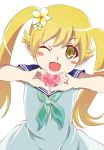  blonde_hair blush_stickers fang flower hair_flower hair_ornament heart heart_hands highres monogatari_(series) msmrdaaaaa one_eye_closed oshino_shinobu school_uniform smile twintails white_background yellow_eyes 