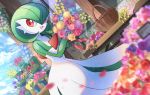  :d basket clouds commentary_request day flower gardevoir gen_3_pokemon hands_up holding holding_flower kokoroko looking_to_the_side no_humans open_mouth outdoors pokemon pokemon_(creature) red_eyes sky smile solo tongue wood 