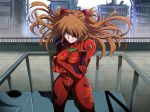  1girl bodysuit building commentary_request crossed_arms eyepatch floating_hair fujitaka_nasu interface_headset long_hair looking_at_viewer neon_genesis_evangelion one_eye_covered orange_hair plugsuit rebuild_of_evangelion red_bodysuit rooftop shaded_face shikinami_asuka_langley smirk solo souryuu_asuka_langley standing 