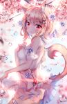  1girl animal_ears artist_name bare_shoulders blush cat_ears cherry_blossoms eyebrows_visible_through_hair fox_ears fox_girl fox_tail hair_ornament hairclip highres light_brown_hair looking_at_viewer looking_to_the_side medium_hair original pink_skirt red_eyes shade shirt skirt sleeveless sleeveless_shirt solo squchan tail thigh_strap water_drop white_shirt 