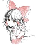  1girl ascot bangs bare_shoulders black_hair blush bow brown_eyes closed_mouth collar collared_dress detached_sleeves dress eyebrows_visible_through_hair frills from_side grey_hair hair_between_eyes hair_ornament hair_tubes hakurei_reimu jill_07km long_sleeves looking_at_viewer red_bow red_dress short_hair simple_background sketch smile solo touhou upper_body white_ascot white_background white_hair white_sleeves wide_sleeves 
