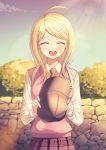  1girl ^_^ ahoge akamatsu_kaede backpack bag blonde_hair blush bush closed_eyes clouds dangan_ronpa deadnooodles dusk hat highres holding holding_clothes holding_hat long_hair musical_note_hair_ornament necktie new_dangan_ronpa_v3 outdoors pleated_skirt randoseru shadow shine shiny shiny_hair skirt smile solo staff_(music) sweater_vest twilight upper_body 