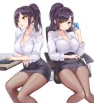  1girl bangs blush breasts collared_shirt formal hair_up hamahama highres holding holding_phone large_breasts long_hair looking_at_viewer office_lady original panties panties_under_pantyhose pantyhose pencil_skirt phone purple_hair shirt sidelocks sitting skirt smile underwear yellow_eyes 