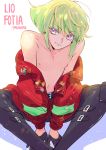  1boy bangs bhh4321 black_gloves black_pants character_name copyright_name earrings eyebrows_visible_through_hair gloves green_hair half_gloves highres jacket jewelry lio_fotia navel nipples pants promare shirtless simple_background smile solo violet_eyes white_background 