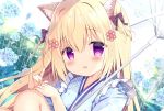 1girl :d \m/ animal_ear_fluff animal_ears azumi_kazuki bangs black_bow blonde_hair blue_flower blue_kimono blurry blurry_background blush bow cat_ears checkered commentary_request day depth_of_field eyebrows_visible_through_hair fang floral_print flower hair_between_eyes hair_bow hand_up hydrangea japanese_clothes kimono knees_up long_hair looking_at_viewer open_mouth original outdoors print_kimono rain smile solo transparent transparent_umbrella two_side_up umbrella violet_eyes 