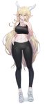  1girl bangs black_legwear black_shirt blonde_hair blush braid breasts character_request commentary copyright_request crossed_bangs dot_nose eyebrows_visible_through_hair flipped_hair full_body hair_over_face hair_over_shoulder hand_on_hip hand_up heel_up highres holding holding_phone horns large_breasts leggings long_bangs long_braid long_hair midriff navel oh_(aung_ae) phone pink_nails pointy_ears raised_eyebrows shiny shiny_hair shiny_legwear shirt shoelaces shoes sidelocks simple_background single_braid sleeveless smile sneakers sports_bra standing taut_clothes taut_shirt thighs toned very_long_hair violet_eyes wavy_hair white_background white_footwear 