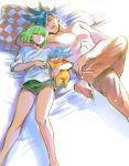  3boys barefoot bhh4321 blue_hair child closed_eyes dolphin_shorts eyebrows_visible_through_hair family galo_thymos green_hair highres if_they_mated lio_fotia male_focus multiple_boys on_bed pillow promare scarf shirtless simple_background sleeping spiky_hair white_background 