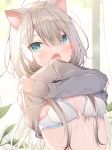  1girl :o animal_ear_fluff animal_ears bangs blue_eyes blush bow bow_bra bra breasts cat_ears commentary eyebrows_visible_through_hair fang grey_hair grey_sweater hair_between_eyes long_hair long_sleeves looking_at_viewer mafuyu_(chibi21) open_bra open_mouth original sleeves_past_wrists small_breasts solo sweater symbol_commentary underwear undressing upper_body white_bra 