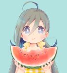 1girl :t ahoge alternate_costume bangs blue_background blue_hair blush colis dress eating food food_in_mouth fruit gingham grey_hair hair_between_eyes hair_ribbon holding holding_food holding_fruit kantai_collection kiyoshimo_(kantai_collection) long_hair low_twintails multicolored_hair ribbon simple_background sleeveless sleeveless_dress solo sparkling_eyes twintails twitter_username two-tone_hair upper_body violet_eyes watermelon yellow_dress 