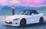  1girl bangs brown_eyes car denim denim_jacket drink ground_vehicle highres holding holding_drink honda honda_s2000 looking_to_the_side momo_hiki motor_vehicle mountain original personification redhead short_hair vehicle_focus 