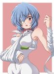  1girl arm_sling ayanami_rei bandage_over_one_eye bandaged_arm bandaged_head bandages bare_shoulders between_breasts blue_hair blush bodysuit breasts commentary_request fujitaka_nasu hair_between_eyes hand_up highres injury medium_breasts neon_genesis_evangelion one_eye_covered pink_background plugsuit red_eyes short_hair simple_background solo white_bodysuit 