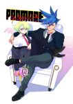  2boys bhh4321 blue_eyes blue_hair bouquet character_name copyright_name flower formal full_body galo_thymos green_hair highres lio_fotia looking_at_viewer male_focus multiple_boys necktie promare shared_chair sitting spiky_hair suit violet_eyes 