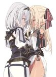  2girls ass bangs bare_shoulders black_gloves blade_(galaxist) blonde_hair blue_eyes blush bow braid breasts commentary_request dark_skin dress elf eye_contact eyebrows_visible_through_hair fingerless_gloves gloves hair_between_eyes headpiece hololive large_breasts long_hair looking_at_another multiple_girls parted_lips pointy_ears ponytail profile puffy_short_sleeves puffy_sleeves red_bow red_eyes shiranui_flare shirogane_noel short_sleeves shoulder_cutout silver_hair simple_background vambraces very_long_hair virtual_youtuber white_background white_dress yuri 
