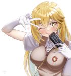  +_+ 1girl :q absurdres bangs between_breasts blonde_hair blush breasts brown_sweater collared_shirt commentary_request controller elbow_gloves eyebrows_visible_through_hair gloves hair_between_eyes hands_up highres holding_remote_control large_breasts long_hair looking_at_viewer remote_control school_uniform shirt shokuhou_misaki short_sleeves sidelocks signature simple_background smile solo spider_web_print star_(symbol) strap_between_breasts sweater sweater_vest symbol-shaped_pupils taiga_(ryukyu-6102-8) to_aru_kagaku_no_railgun to_aru_majutsu_no_index tokiwadai_school_uniform tongue tongue_out upper_body v_over_eye white_background white_gloves white_shirt yellow_eyes 
