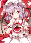  1girl :d ascot bangs bat_wings brooch eyebrows_visible_through_hair hair_between_eyes hand_to_own_mouth hat highres jewelry looking_at_viewer medium_hair mob_cap open_mouth puffy_short_sleeves puffy_sleeves purple_hair red_background red_eyes red_nails red_neckwear remilia_scarlet ruu_(tksymkw) shirt short_sleeves simple_background skirt smile solo touhou v-shaped_eyebrows white_shirt white_skirt wings wrist_cuffs 
