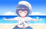  1girl ^_^ bangs beret blue_ribbon blue_skirt blue_sky blush bow closed_eyes clouds collarbone day eyebrows_visible_through_hair facing_viewer gochuumon_wa_usagi_desu_ka? goth_risuto grin hat hat_bow highres horizon jouga_maya neck_ribbon ocean outdoors outstretched_arms pleated_skirt puffy_short_sleeves puffy_sleeves ribbon sailor_collar school_uniform serafuku shirt short_sleeves skirt sky smile solo spread_arms striped striped_bow v-shaped_eyebrows water white_headwear white_sailor_collar white_shirt 