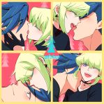  2boys bhh4321 blue_eyes blue_hair choker closed_eyes galo_thymos green_hair highres kiss lio_fotia male_focus multiple_boys one_eye_closed promare smile spiky_hair violet_eyes yaoi 