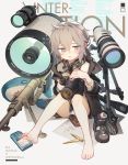  1girl barefoot blush bullet camera english_text eyebrows_visible_through_hair feet girls_frontline grey_eyes grey_hair gun headphones highres holding holding_camera m200_(girls_frontline) open_mouth rifle scope shoes sitting sniper solo sweat tianliang_duohe_fangdongye tripod weapon 