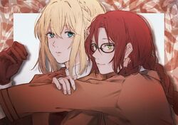  2girls amy_bartlett artist_request blonde_hair blue_eyes brown_gloves brown_hair brown_jacket glasses gloves green_eyes highres hug jacket looking_at_viewer multiple_girls parted_lips smile violet_evergarden violet_evergarden_(character) 