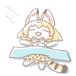  1girl ^_^ animal_ear_fluff animal_ears animal_print blanket bow bowtie chibi closed_eyes elbow_gloves extra_ears facing_viewer full_body gloves inukoro_(spa) kemono_friends lowres lying no_nose on_back open_mouth outstretched_arms print_bow print_gloves print_legwear print_neckwear print_skirt serval_(kemono_friends) serval_ears serval_print serval_tail simple_background skirt sleeping smile solo spread_arms striped_tail sunlight tail white_background |3 