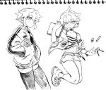  1boy bangs belt bhh4321 candy choker eraser food greyscale hair_between_eyes highres jacket jeong_sana letterman_jacket lollipop looking_at_viewer monochrome mouth_hold otoko_no_ko shoes short_shorts shorts sidelocks simple_background sketch sketchbook sneakers solo suicide_boy tank_top thigh-highs white_background 