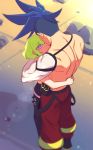  2boys bhh4321 blue_hair galo_thymos green_hair highres hug lio_fotia looking_at_another male_focus multiple_boys muscle promare shirtless spiky_hair violet_eyes 