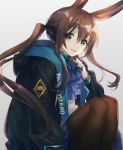  1girl :d amiya_(arknights) animal_ears arknights asuda bangs black_jacket blue_eyes blue_neckwear brown_hair brown_legwear commentary feet_out_of_frame grey_background hair_between_eyes jacket knees_up long_hair long_sleeves looking_at_viewer open_clothes open_jacket open_mouth pantyhose rabbit_ears shirt simple_background sitting smile solo white_shirt 