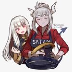 2girls apron artist_name chocojax closed_eyes closed_mouth cooking crossover demon_girl demon_horns fire_emblem fire_emblem:_three_houses food frying_pan garreg_mach_monastery_uniform helltaker highres holding horns long_hair long_sleeves lucifer_(helltaker) lysithea_von_ordelia multiple_girls open_mouth pancake pink_eyes simple_background smile tail uniform upper_body white_background white_hair