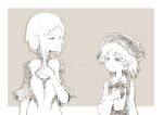  2girls beret breasts closed_mouth data_(remmings_nest) dress hat hatoba_tsugu highres ico mole mole_under_eye monochrome multiple_girls pointy_ears short_hair simple_background suspenders tsugu_(vtuber) virtual_youtuber yorda 