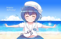  1girl ^_^ anchor anchor_symbol bangs beret blue_ribbon blue_skirt blue_sky blush bow closed_eyes clouds collarbone commentary_request day eyebrows_visible_through_hair facing_viewer gochuumon_wa_usagi_desu_ka? goth_risuto grin happy_birthday hat hat_bow highres horizon jouga_maya neck_ribbon ocean outdoors outstretched_arms pleated_skirt puffy_short_sleeves puffy_sleeves ribbon sailor_collar school_uniform serafuku shirt short_sleeves skirt sky smile solo spread_arms striped striped_bow v-shaped_eyebrows water white_headwear white_sailor_collar white_shirt 