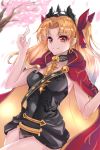  1girl bangs black_leotard blonde_hair breasts cape closed_mouth covered_navel earrings ereshkigal_(fate/grand_order) fate/grand_order fate_(series) gold_trim highres hoop_earrings infinity jewelry leotard long_hair looking_at_viewer medium_breasts multicolored multicolored_cape multicolored_clothes parted_bangs red_cape red_eyes skull smile spine tiara two_side_up yahan_(mctr5253) yellow_cape 