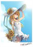  1girl alternate_costume arm_behind_back bangs bare_shoulders blonde_hair blue_ribbon blush breasts character_name clouds commentary_request cowboy_shot dress flower hat hat_flower hat_ribbon heart holding holding_flower lens_flare long_hair looking_at_viewer outdoors photo ribbon sdregret shokuhou_misaki sidelocks sky sleeveless sleeveless_dress small_breasts solo spaghetti_strap sun sun_hat sundress sunflower sunlight thighs to_aru_kagaku_no_railgun to_aru_majutsu_no_index yellow_eyes younger 