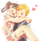  1boy 1girl :d ^_^ alphonse_elric animal animal_on_shoulder ankle_strap arms_around_neck bangs bare_legs beige_dress black_hair blonde_hair blue_shirt blush braid breasts carrying cheek-to-cheek china_dress chinese_clothes closed_eyes collared_shirt double_bun dress dress_shirt eyebrows_visible_through_hair eyelashes fingernails floral_print fullmetal_alchemist grey_vest gumi_(30155016) hand_on_another&#039;s_waist happy heart high_collar highres legs_together long_hair looking_at_another may_chang necktie one_eye_closed open_mouth panda princess_carry shirt short_dress simple_background small_breasts smile standing striped striped_neckwear swept_bangs tareme twin_braids upper_body vest white_background xiao-mei yellow_eyes 