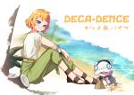  1girl absurdres character_name copyright_name creature dated decadence_(anime) highres looking_down natsume_(decadence) orange_hair pipe_(decadence) prosthesis prosthetic_arm rn9 sand_castle sand_sculpture sandals sitting smile 