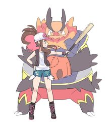 1girl aqua_shorts baseball_bat baseball_cap black_legwear blush boots brown_vest closed_mouth commentary_request emboar gen_5_pokemon hand_on_hip hat holding holding_baseball_bat knees kokoroko long_hair looking_to_the_side poke_ball_print pokemon pokemon_(creature) pokemon_(game) pokemon_bw shirt shorts sidelocks simple_background smile socks standing tomboy touko_(pokemon) vest white_background white_shirt wristband