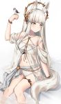  1girl animal_ears arknights bangs bare_shoulders bird eyebrows_visible_through_hair feet_out_of_frame highres long_hair navel platinum_(arknights) silver_hair sitting soaking_feet solo stomach tail thighs very_long_hair wakamepiza white_background yellow_eyes 