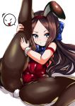  1girl absurdres animal_ears ass bangs bare_shoulders blue_bow blue_eyes blush bow breasts brown_hair bunny_tail bunnysuit detached_collar fake_animal_ears fate/grand_order fate_(series) forehead grin hair_bow highres leg_up leonardo_da_vinci_(fate/grand_order) leonardo_da_vinci_(rider)_(fate) leotard long_hair looking_at_viewer parted_bangs rabbit_ears red_leotard senbon_tsuki small_breasts smile spread_legs strapless strapless_leotard tail thighs wrist_cuffs 