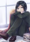  1boy bangs black_hair book brown_footwear cape commentary_request fate/zero fate_(series) foot_up fur_trim green_eyes green_pants green_sweater highres knees_up long_sleeves looking_at_viewer nattsu_(nattu888_8) pants parted_bangs red_cape shoes short_hair sitting solo sweater swept_bangs waver_velvet window 