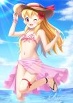  1girl 7fuji_06 ;d adjusting_clothes adjusting_hat aikatsu! aikatsu!_(series) armpits bikini blonde_hair blush clouds cloudy_sky commentary day flat_chest flower frilled_bikini frills hair_flower hair_ornament hat highres hoshimiya_ichigo light_rays long_hair navel ocean one_eye_closed open_mouth outdoors partially_submerged red_eyes ribbon sarong sky slippers smile solo stomach straw_hat sunbeam sunlight swimsuit thigh_ribbon thigh_strap water wet 